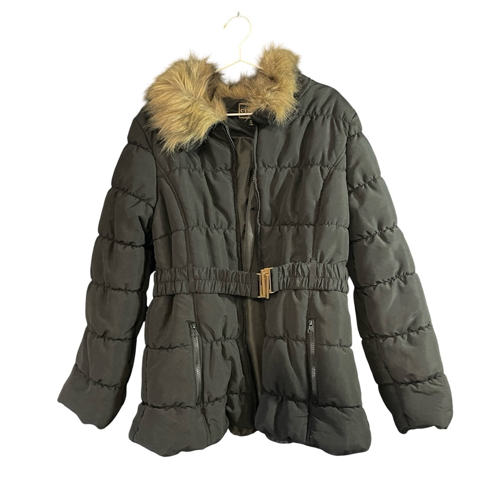 Cesttoi Black Puffer Jacket Faux Fur Hood Belted Winter Coat Women’s 2xl